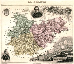 Karte von Tarn-et-Garonne mit einer Ansicht von Montauban und Porträts von Ingres und Jean Parisot de La Valette
