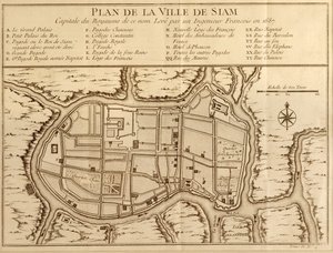 Karte der Stadt Siam, Hauptstadt des gleichnamigen Königreichs, nach einer Vermessung eines französischen Ingenieurs im Jahr 1687, veröffentlicht in der Ausgabe von 1751 von Histoire Generale des Voyages von Antoine Prevost