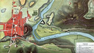 Karte des Landes Lourdes im Jahr 1858, dem Jahr der Visionen von Bernadette Soubirous: Sie zeigt den Standort ihres Hauses und der Höhle. Hochpyrenäen (65). Chromolithographie in "Notre Dame de Lourdes" von Henri Lasserre von French School