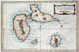 Karte der Insel Martinique, der Insel Saintes und der Insel Marie Galante in den Westindischen Inseln. Gravur des 19. Jahrhunderts von French School