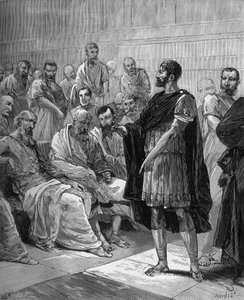 Marcus Atilius Regulus vor dem römischen Senat - Der römische Konsul Marcus Atilius Regulus vor dem römischen Senat - in „Popular history of science, inventions and discoveries from the first centuries to the present day“ von Bitard Adolphe 1880