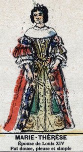 Maria Theresia von Österreich (1638-1683), Königin von Frankreich. In „Galerie der Könige und Königinnen von Frankreich und berühmter Persönlichkeiten von 1643 bis 1895“ Bild von Epinal. von French School