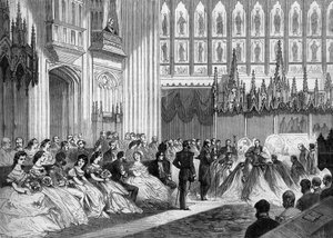 Hochzeit des Prinzen von Wales, zukünftiger König von England Edward VII, mit Prinzessin Alexandra von Dänemark, gefeiert am 10. März 1863 in Windsor, England. Gravur in „Le Monde Illustré“ Nr. 310 vom 21. März 1863