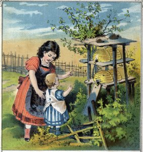 Martha zeigt ihrer kleinen Schwester die Arbeit der Bienen im Bienenstock. Chromolithographie aus „Kindheitsszenen“, ed. Guerin - Muller um 1885.