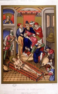 Martyrium des Heiligen Laurentius (Grill) nach einer Miniatur des Mittelalters, Frankreich 14. Jahrhundert.