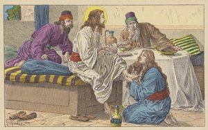 Maria Magdalena zu Füßen Jesu (Farblithografie) von French School
