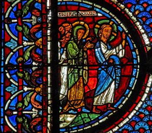 Maria-Magdalena-Fenster: Maria, Martha und Jesus gehen zum Grab von Lazarus