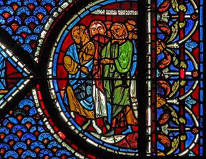 Maria-Magdalena-Fenster: Menschen bei der Auferweckung des Lazarus