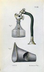 Maske zur Verabreichung von Äther zur Anästhesie eines Patienten, aus einem medizinischen Handbuch von Jean-Baptiste-Leon Dubreuil von French School