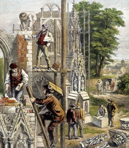 Maurer auf der Baustelle einer Kathedrale - in „Laden der kleinen Kinder“, „Die Berufe“, Hachette, um 1900