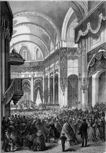 Messe aller Heiligen gefeiert in der Kirche Saint Nicolas du Chardonnet in Paris, dekoriert wie St. Peter in Rom zur Heiligsprechung der Märtyrer von Japan. 1862. Gravur in „Le Monde Illustré“ Nr. 291 vom 8. November 1862
