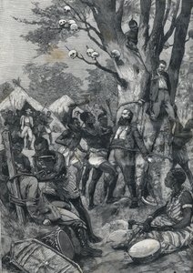 Massaker im Kongo: Europäer werden von Kannibalen gefoltert. In „Le petit Parisien“ von 1898. von French School