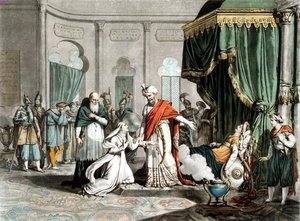 Mathilda bittet Saladin um den Körper von Malek-Adhel, graviert von Pierre Michel Alix (1762-1817)