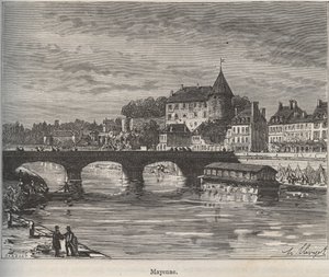 Mayenne ist eine Gemeinde im Westen Frankreichs in der Region Pays de la Loire - Gravur in „La France Illustrée: Geographie, Geschichte, Verwaltung, Statistik“ von V.-A. Malt-Brown. 1884 von French School
