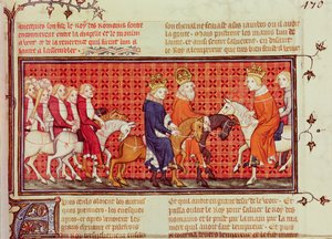 Treffen zwischen Karl V. (1338-80) von Frankreich und dem Heiligen Römischen Kaiser Karl IV. (1316-78) begleitet vom König der Römer, aus Grandes Chroniques de France
