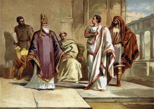 Treffen zwischen Kaiser Flavius Julius Valens (328-378) römischer Kaiser und Sankt Basilius von Cäsarea oder Basilius der Große (330-379), Bischof und Kirchenvater. Chromolithographie aus dem späten 19. Jahrhundert