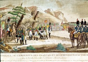 Treffen von Kaiser Napoleon I. und Kaiser von Österreich, Franz II. (1768 - 1835) nach der Schlacht von Austerlitz am 2.12.1805.