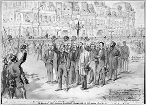 Mitglieder der provisorischen Regierung begutachten die Nationalgarde vor dem Hôtel de Ville in Paris am 31. Oktober 1870, ca. 1870