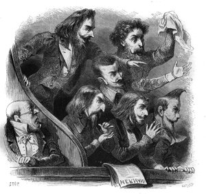 Mitglieder der romantischen literarischen Bewegung bei der ersten Aufführung von Victor Hugos Stück „Hernani“ an der Comédie-Française in Paris, 25. Februar von French School