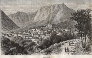 Mende - Lozere in der Region Languedoc-Roussillon - Gravur in „La France illustrée: geographie, histoire, administration statistique“ von V.-A. Malt-Brown. 1884