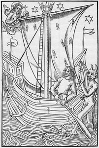 Handelsschiff des Mittelalters inmitten der Gefahren des Meeres. Gravur in „La Marine et les colonies: commerce“