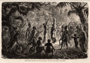 Meriah Pujah oder Menschenopfer, Khondistan (Englische Indien). Zeichnung von Fuchs, zur Illustration von Major John Campbells Studie über Menschenopfer in den Englischen Indien