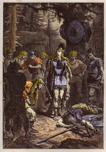 Merowinger: Chlodwig I. erschlägt den Soldaten, der die Vase von Soissons zerbrochen hat, im Jahr 486 - Chlodwig (465-511) und der fränkische Krieger, der die Vase von Soissons im Jahr 486 zerbrochen hat - Gravur aus „L