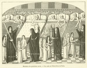 Miniatur des fünfzehnten Jahrhunderts, Ein Saal des Hôtel-Dieu in Paris (Gravur) von French School