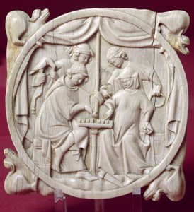 Spiegelkasten, der ein Schachspiel darstellt, ca. 1300