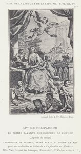 Mme De Pompadour, als gelehrte Frau, die sich mit dem Studium beschäftigt, Legende der Zeit (Lithographie) von French School