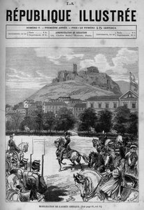 Mobilisierung der griechischen Armee in den Straßen von Athen. Man kann die Akropolis und das Parthenon sehen. Eine Zeitung. Gravur von 1880 in „La republique illustree“ private Sammlung. von French School