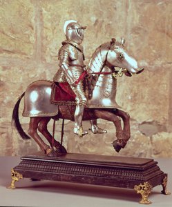 Modell eines gepanzerten Pferdes und Reiters, ca. 1640
