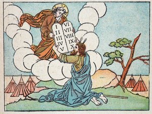 Moses erhält die Gesetzestafeln - in „Sainte Histoire en 120 images“, ed. Maison de la Bonne Presse, Paris von French School
