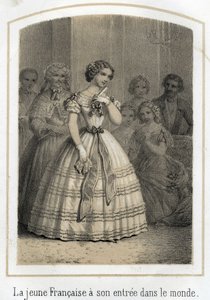 Mondanität: Die junge Französin macht ihren Eintritt in die Welt. Sie wird von allen bewundert. Anonyme Gravur des 19. Jahrhunderts