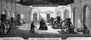 Geldherstellung: Werkstatt für Geldpressen. Gravur in „Le Monde Illustré“ Nr. 145 vom 21. Januar 1860. von French School