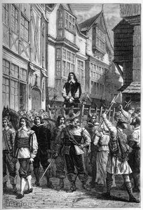 Montrose wurde auf einem Wagen ins Gefängnis gebracht - James Graham (1612-1650), Marquis von Montrose, schottischer General, ausgestellt in der High Street von Edinburgh, 1650 - Gravur aus „L