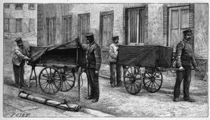 Leichenwagen in Paris: Armwagen zum Transport von Leichen zum Depot. Gravur in „La Nature. Revue des sciences et de ses applications aux arts et à l