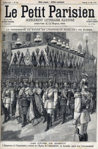 Feiern in Moskau: Kaiser Nikolaus II. von Russland (1868 -1918) und Kaiserin Alexandra Fjodorowna Romanowa (1872-1918) verlassen die Mariä-Entschlafens-Kathedrale im Moskauer Kreml nach ihrer Krönung am 14. Mai