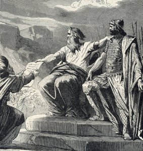 Moses befiehlt dem Volk Israel, die Autorität von Josua anzuerkennen (Moses wählt Josua als seinen Nachfolger) von French School