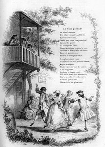 Mutter Bontems (Bontemps). Tanz junger Paare in einem Dorf mit Musikern auf dem Balkon. Gravur in „Chants et chansons populaire de la France“, Band 2