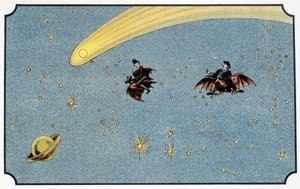 Herr Baboulifiche und sein Diener Papavoine reiten auf einer Fledermaus im Weltraum - in „Reise zum Mond“ von A. de Ville-d