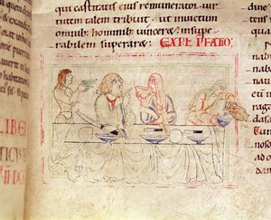 Ms.1215 t.3 fol.158v, Mahl mit Judith und Holofernes, aus der Bibel von Etienne Harding, 1109