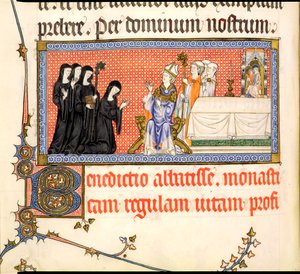Die Präsentation einer Äbtissin, aus dem Metz Pontifikale, geschrieben für Raymond Bar, Bischof von Metz, 1302-16