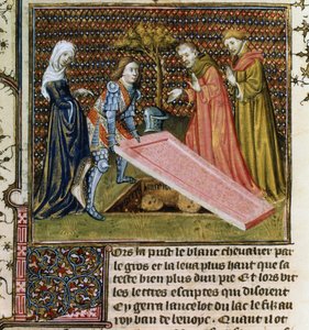 Lancelot hebt den Stein von seinem eigenen vorherbestimmten Grab und erfährt seinen Namen und seine Herkunft, aus dem Livre de Messire Lancelot du Lac von French School