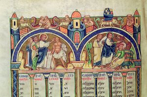 Kanon der Evangelisten, Detail (Christus heilt den Mann mit Wassersucht und vertreibt Dämonen aus einem Besessenen), aus einer lateinischen Bibel