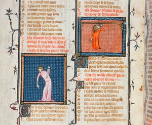 Ms 1126 Der Selbstmord von Dido mit dem Schwert und der Selbstmord von Phyllis durch Erhängen, aus Le Roman de la Rose von Guillaume de Loris und Jean de Meung, ca. 1360-70 von French School