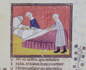 Ms 1130 fol.83r Keuschheit und Armut machen ein Bett, aus Le Roman des Trois Pelerinages von Guillaume de Digulleville