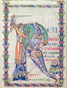 Historisierte Initiale R, die einen Ritter zeigt, der gegen einen Drachen kämpft, aus Moralia in Job von Papst Gregor dem Großen