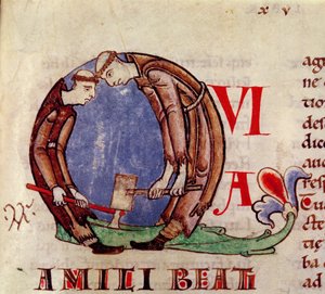 Ms 170 fol.59 Historisierte Initiale Q, die Mönche beim Holzhacken darstellt, aus Moralia in Job von Papst Gregor dem Großen von French School