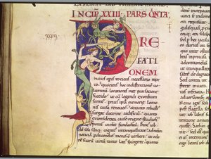 Ms 173 Historisierte Initiale P mit Zentauren, Drachen und Monstern, aus Moralia in Job von Papst Gregor dem Großen von French School